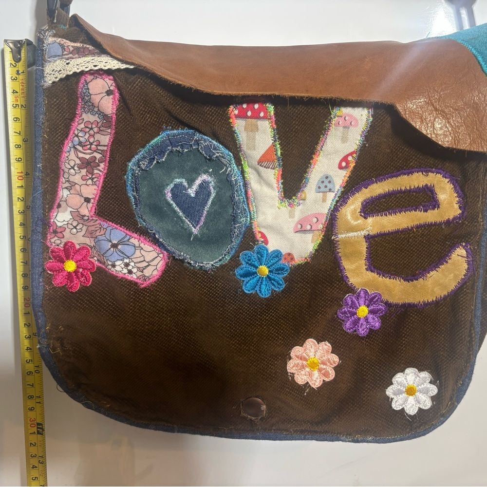 Chic Brown and Tan Crossbody Bag with Embroidered Love Design